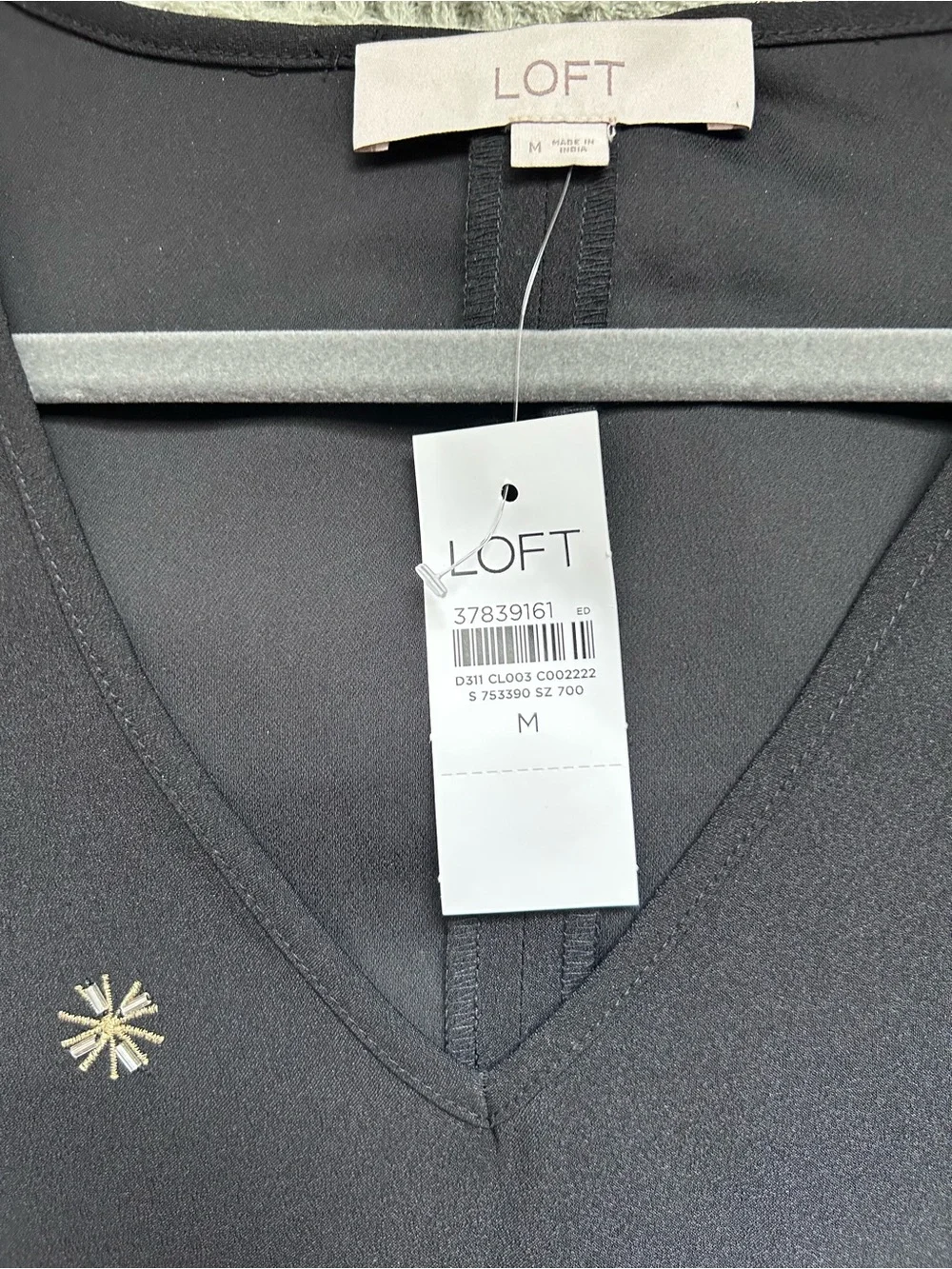 LOFT Black V-Neck Starburst Embroidered Puff-Sleeve Blouse